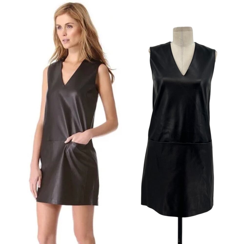 Vince Leather Dress V-Neck Shift Sleeveless Mini Front Pockets Black Size 2